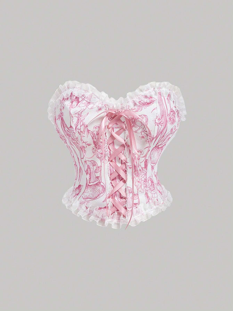 Ladies’ Lace-Up Decor Flower Pattern Bustier With Floral Patchwork,Milkmaid Tops