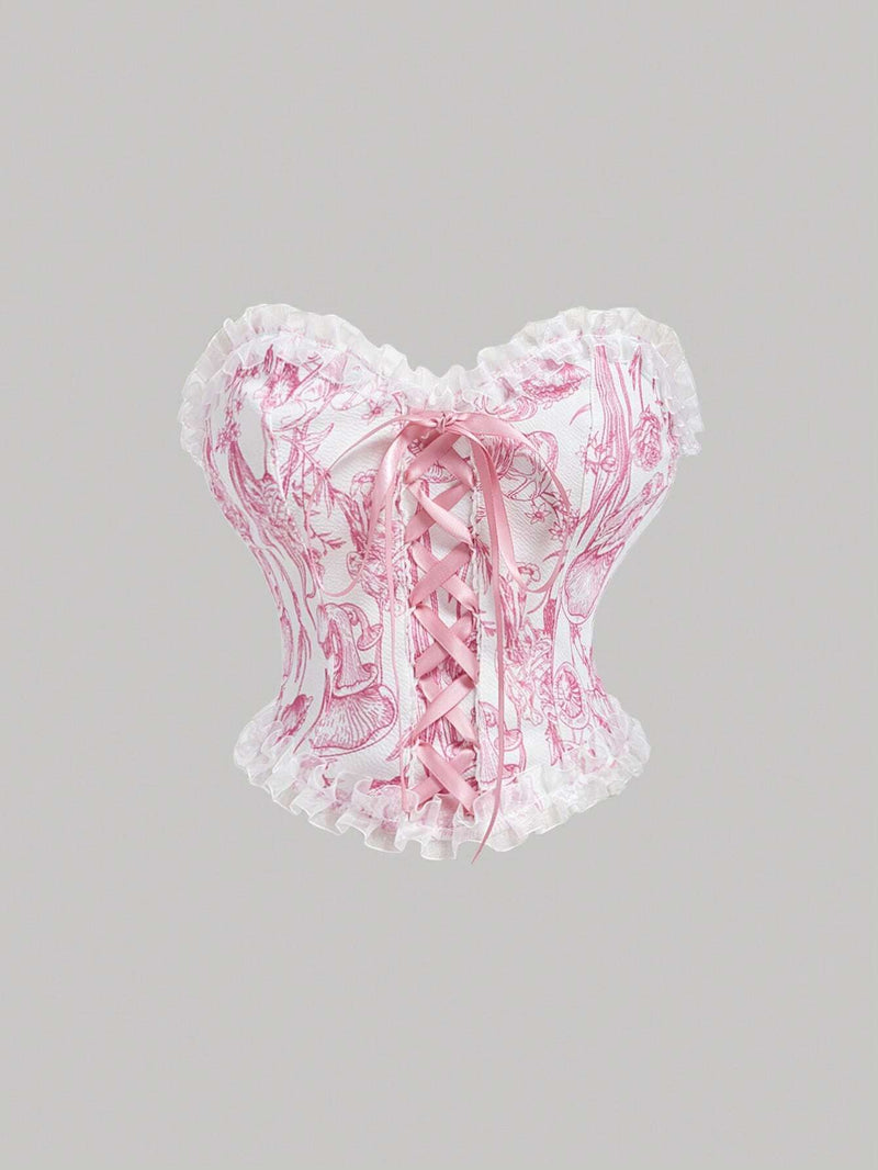 Ladies’ Lace-Up Decor Flower Pattern Bustier With Floral Patchwork,Milkmaid Tops