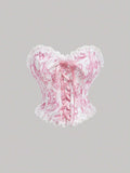 Ladies’ Lace-Up Decor Flower Pattern Bustier With Floral Patchwork,Milkmaid Tops