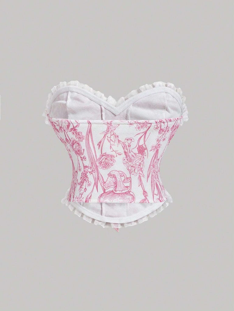 Ladies’ Lace-Up Decor Flower Pattern Bustier With Floral Patchwork,Milkmaid Tops