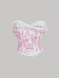 Ladies’ Lace-Up Decor Flower Pattern Bustier With Floral Patchwork,Milkmaid Tops