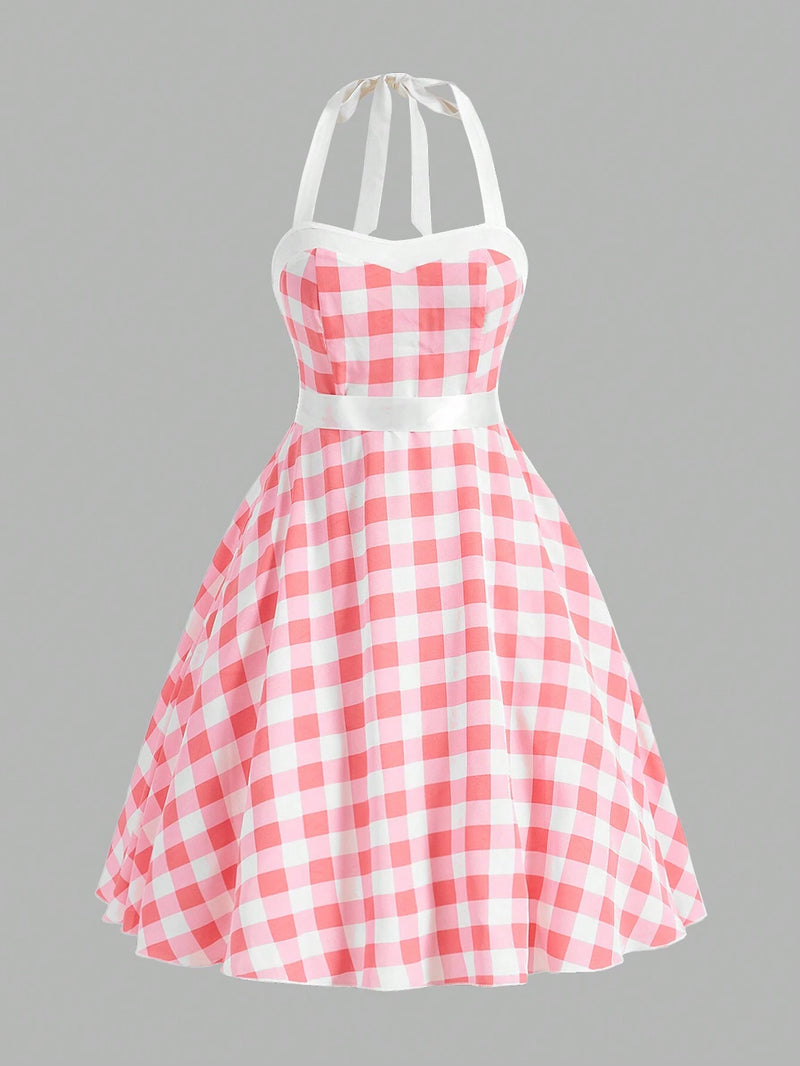 MOD Women’s Plaid Halter Neck Tie Waist A-Line Dress