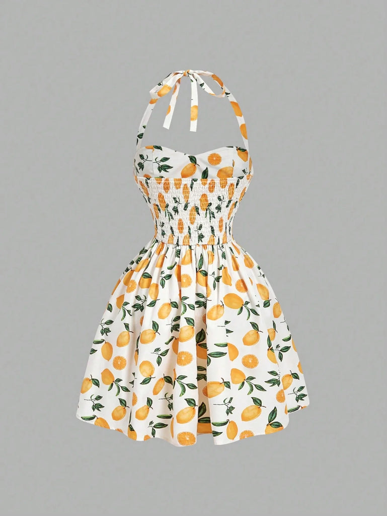 Shein Mode Lemon Print Mini Dress, Orange and White with Fruit and Floral Pattern