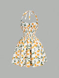 Shein Mode Lemon Print Mini Dress, Orange and White with Fruit and Floral Pattern
