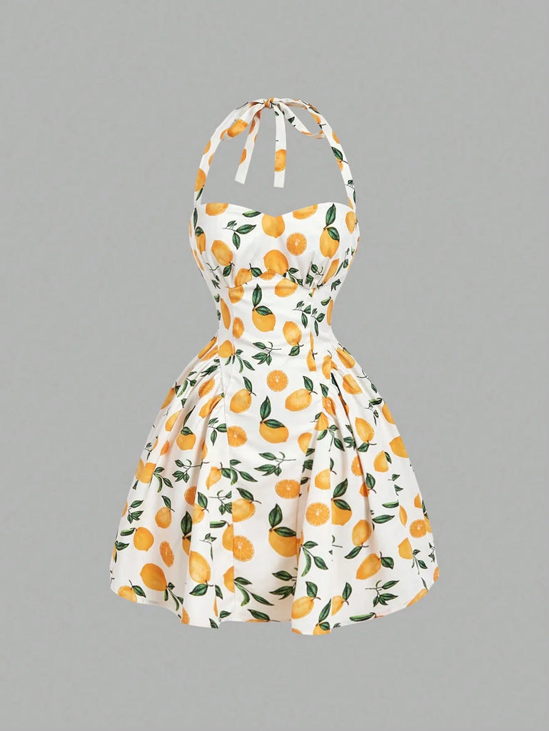Shein Mode Lemon Print Mini Dress, Orange and White with Fruit and Floral Pattern