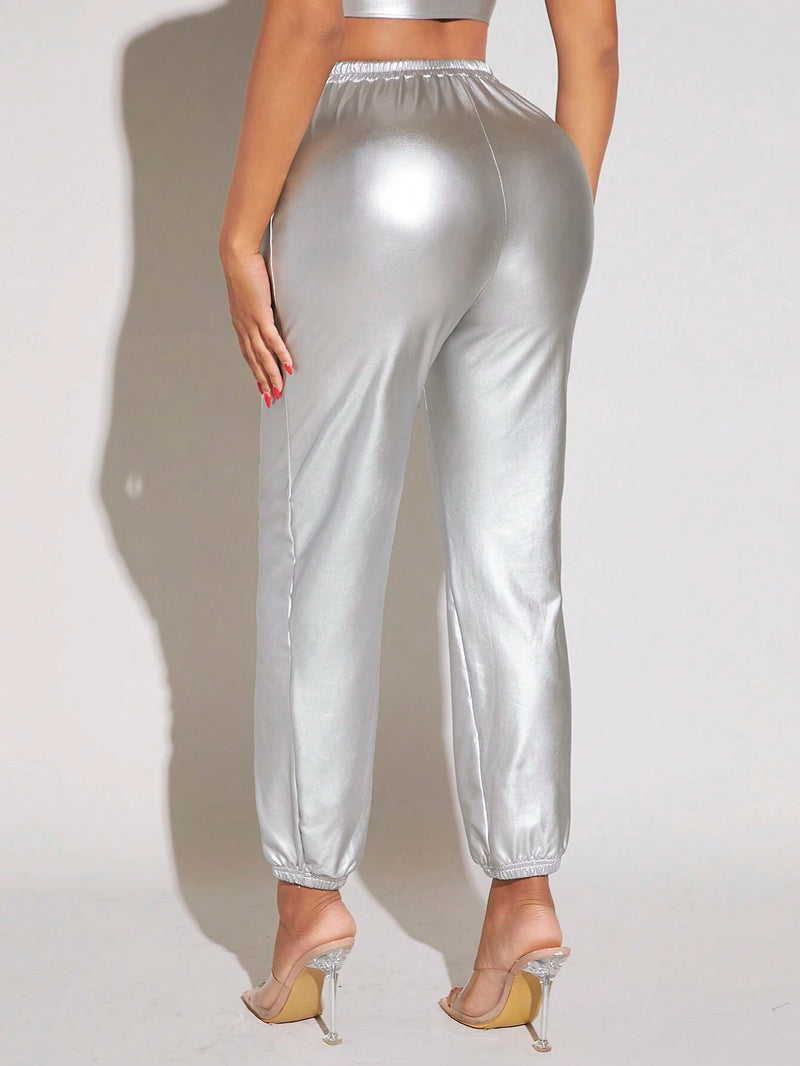 SXY Drawstring Waist Metallic Pants