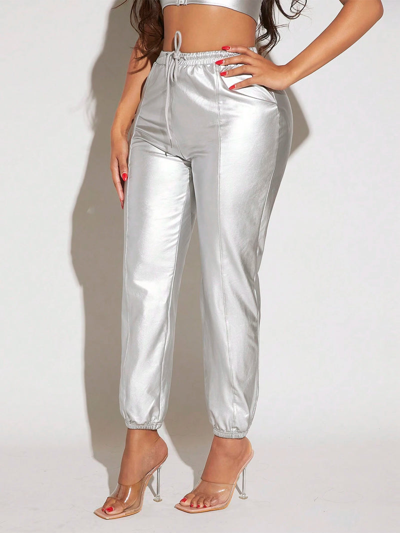 SXY Drawstring Waist Metallic Pants