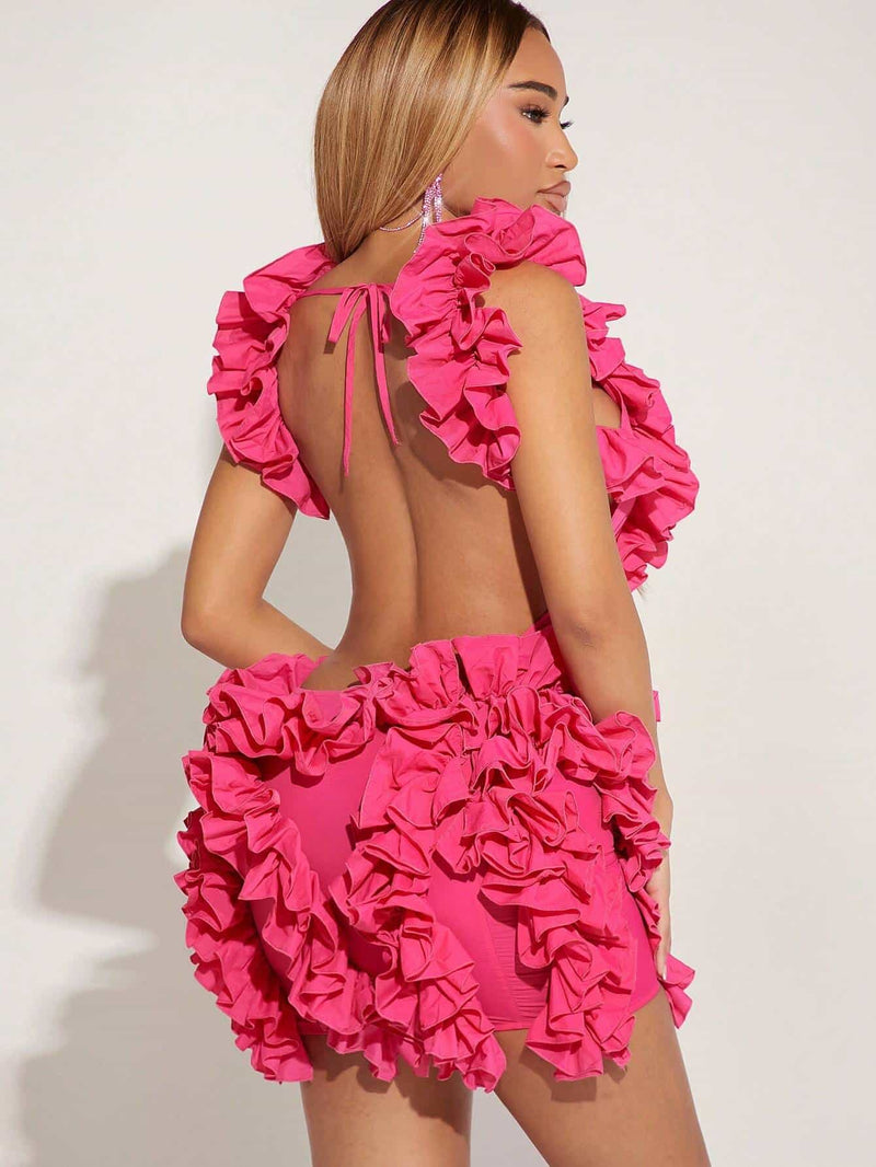 SXY Pink Knitted Multi-Layer Ruffle Hem Detail Sleeveless Backless Dress