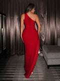 SXY Sexy Red Maxi Dress With Rhinestone & Sheer Mesh Detailing For Party, High Slit