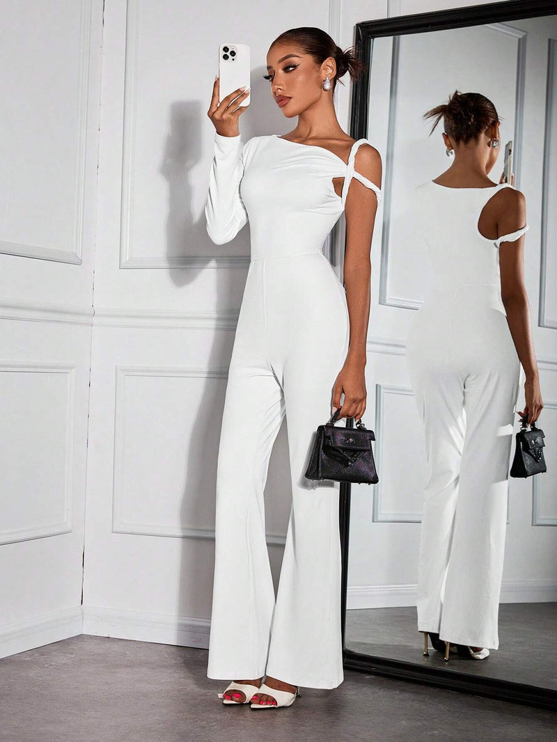 SXY White Asymmetrical Shoulder Design Sexy Jumpsuits