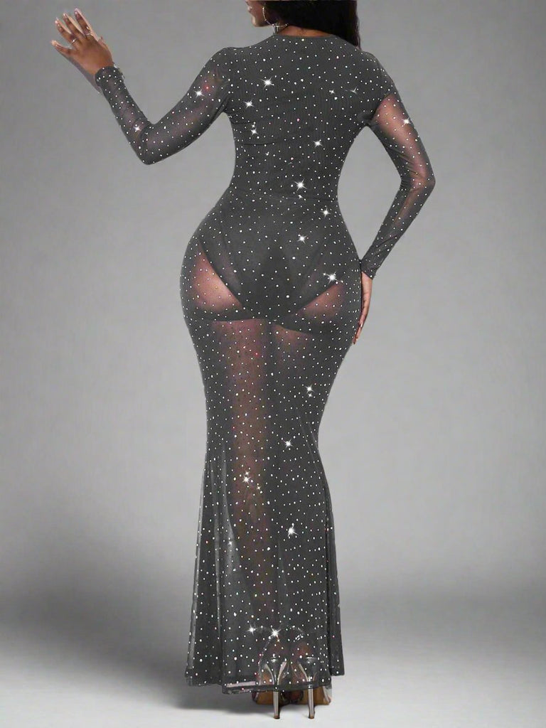 SXY Women’s Fish Tail Net Yarn Dress With Rhinestones