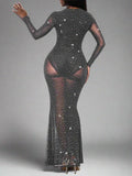 SXY Women’s Fish Tail Net Yarn Dress With Rhinestones