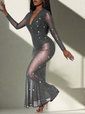 SXY Women’s Fish Tail Net Yarn Dress With Rhinestones