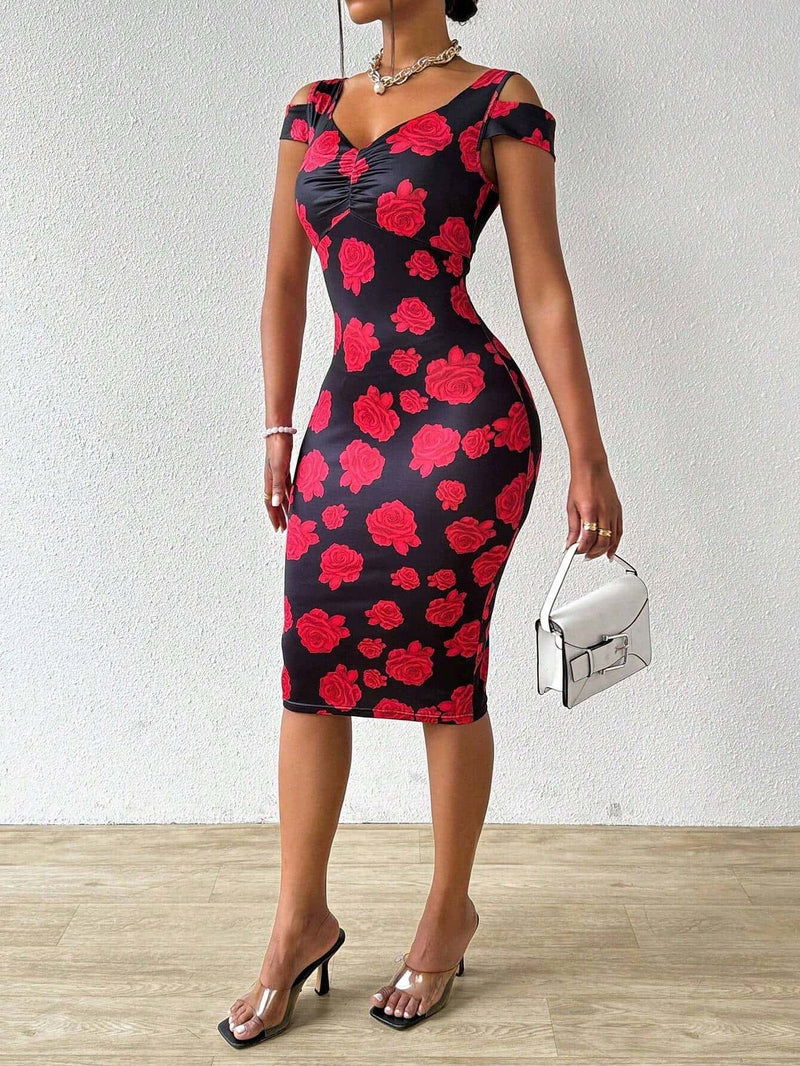 Slayr Women’s Cold-Shoulder Slim Fit Rose Printed Dress