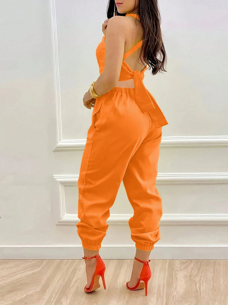 Women’s Summer Fashion Solid Color Backless Jumpsuit With Tapered Leg