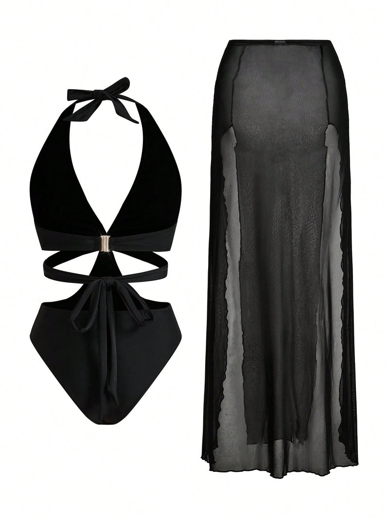 Swim 1pc Sexy Black Mesh One-Piece Swimsuit