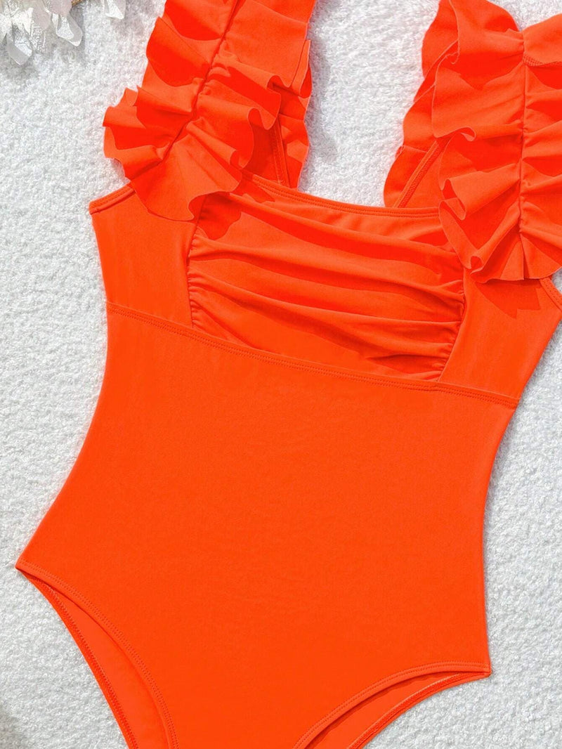 Swim Chicsea Women Fashionable Solid Color One-Piece Swimwear With Floral Lace Design For Beach Vacation