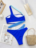 Swim Contrast Color One Shoulder Bikini Set Without Wire For Summer Beach Swimming