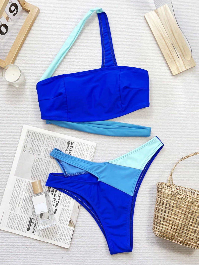 Swim Contrast Color One Shoulder Bikini Set Without Wire For Summer Beach Swimming