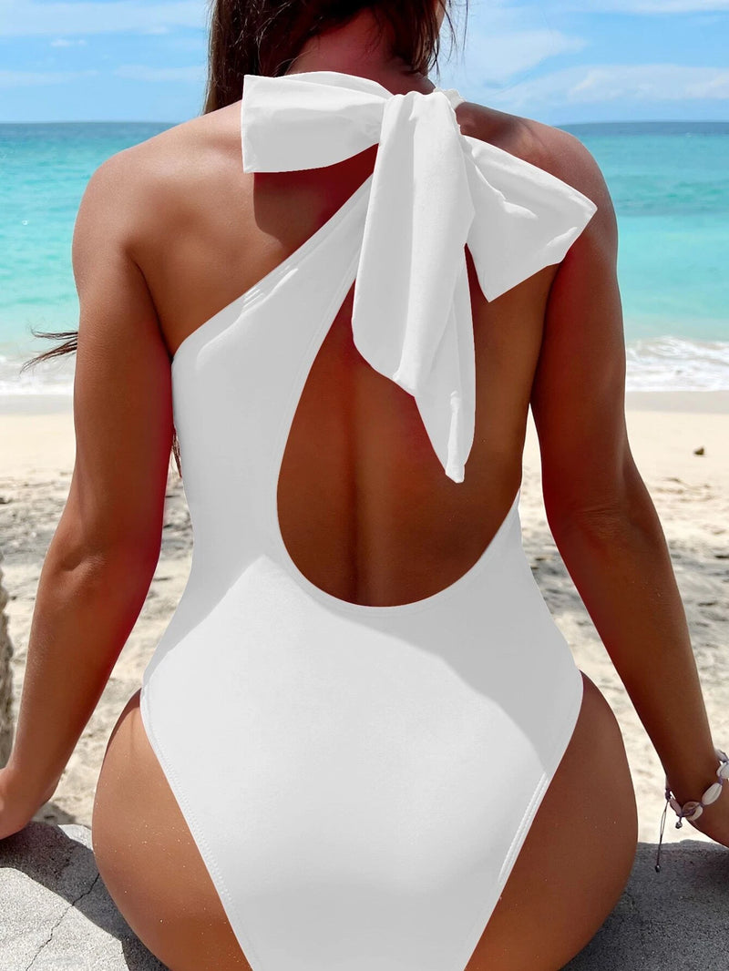 Swim Cut-Out Knot One Shoulder One Piece Swimsuit,Summer Beach