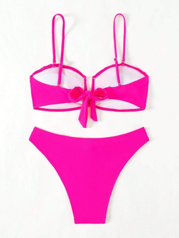 Swim Mod Women Summer Beach Solid Ruffle Trim Removable Spaghetti Strap Bikini Set