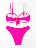 Swim Mod Women Summer Beach Solid Ruffle Trim Removable Spaghetti Strap Bikini Set