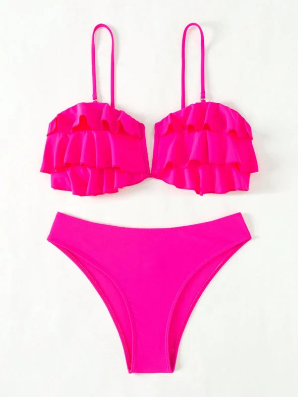 Swim Mod Women Summer Beach Solid Ruffle Trim Removable Spaghetti Strap Bikini Set
