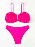 Swim Mod Women Summer Beach Solid Ruffle Trim Removable Spaghetti Strap Bikini Set