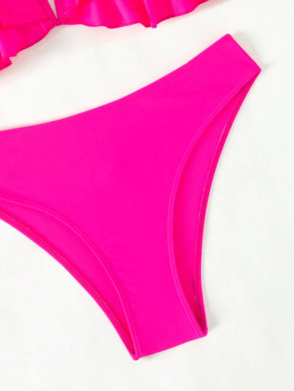 Swim Mod Women Summer Beach Solid Ruffle Trim Removable Spaghetti Strap Bikini Set