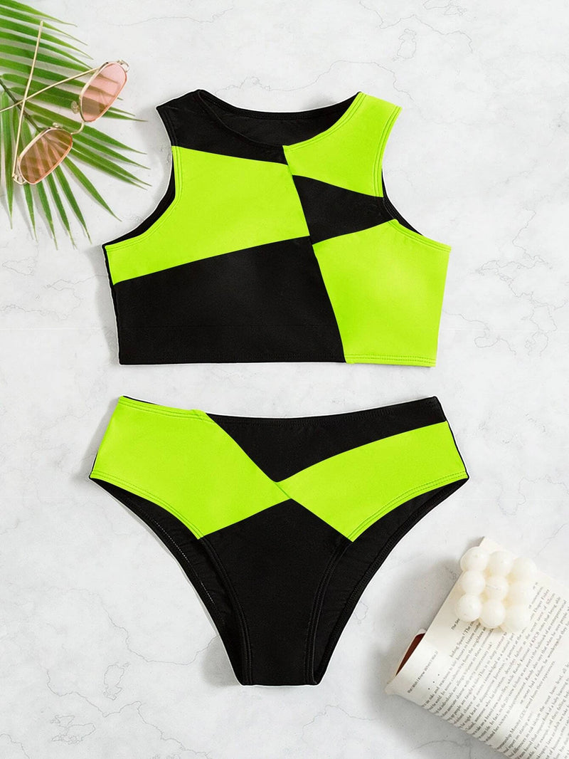 Swim Summer Beach Neon Colorblock Bikini Set, Including Wireless Tank Top & High Waisted Bikini Bottom 2 Piece Swimsuit Bathing Suit