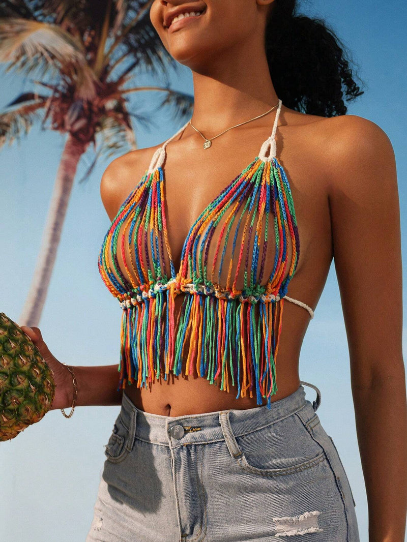 Swim Vcay Summer Beach Women’s Colorful Hollow Out Halter Neck Tie Back Cover Up Top
