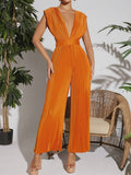 VCAY Plunging Neck Pleated Wide Leg Satin Jumpsuit