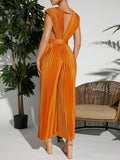 VCAY Plunging Neck Pleated Wide Leg Satin Jumpsuit