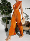 VCAY Plunging Neck Pleated Wide Leg Satin Jumpsuit