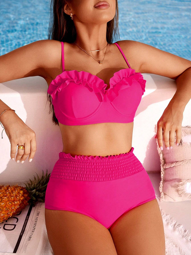 VCAY Women's Vacation Solid Color Frilled Trim Halter Neck Sexy Bikini Farawlaya.com VCAY Women's Vacation Solid Color Frilled Trim Halter Neck Sexy Bikini Farawlaya.com