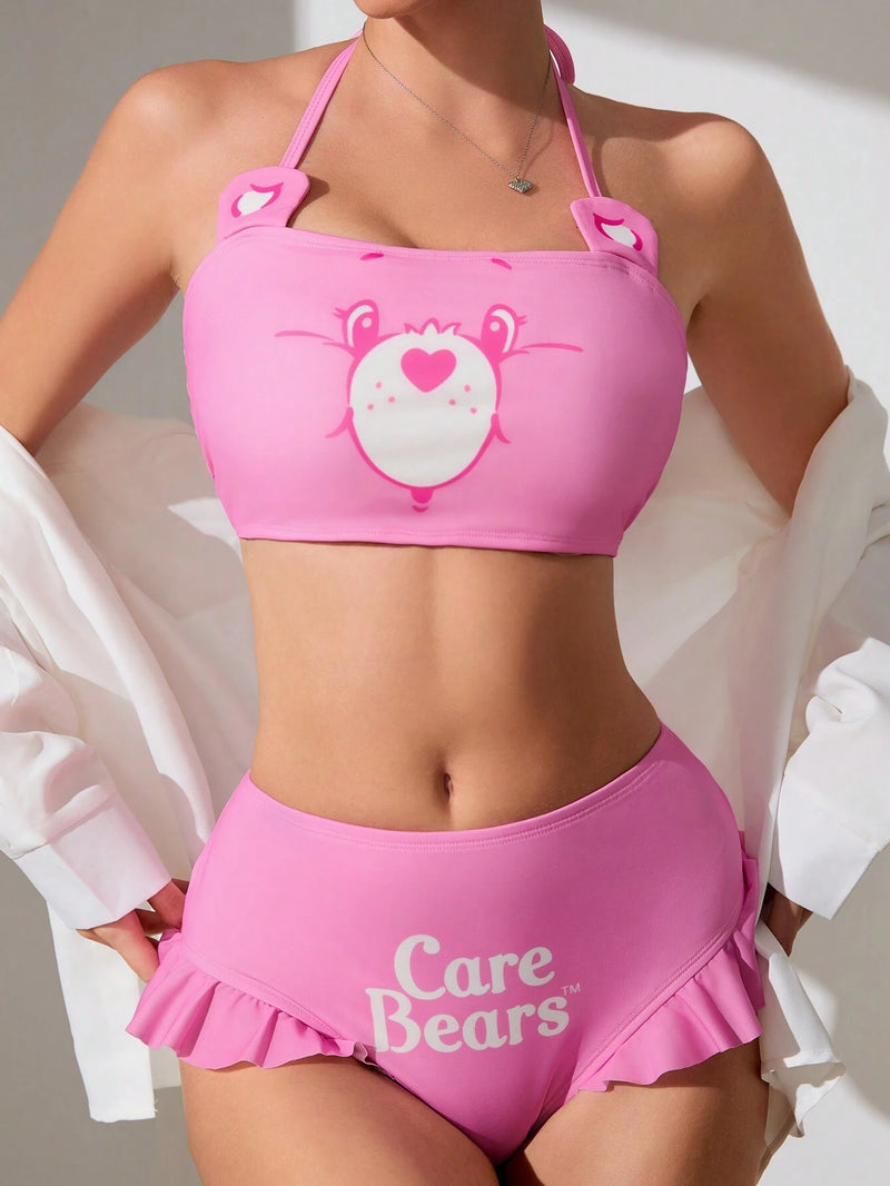 X Care Bears Ladies Knitted Cartoon Bear And Letter Print Neck Hanging Bikini Set