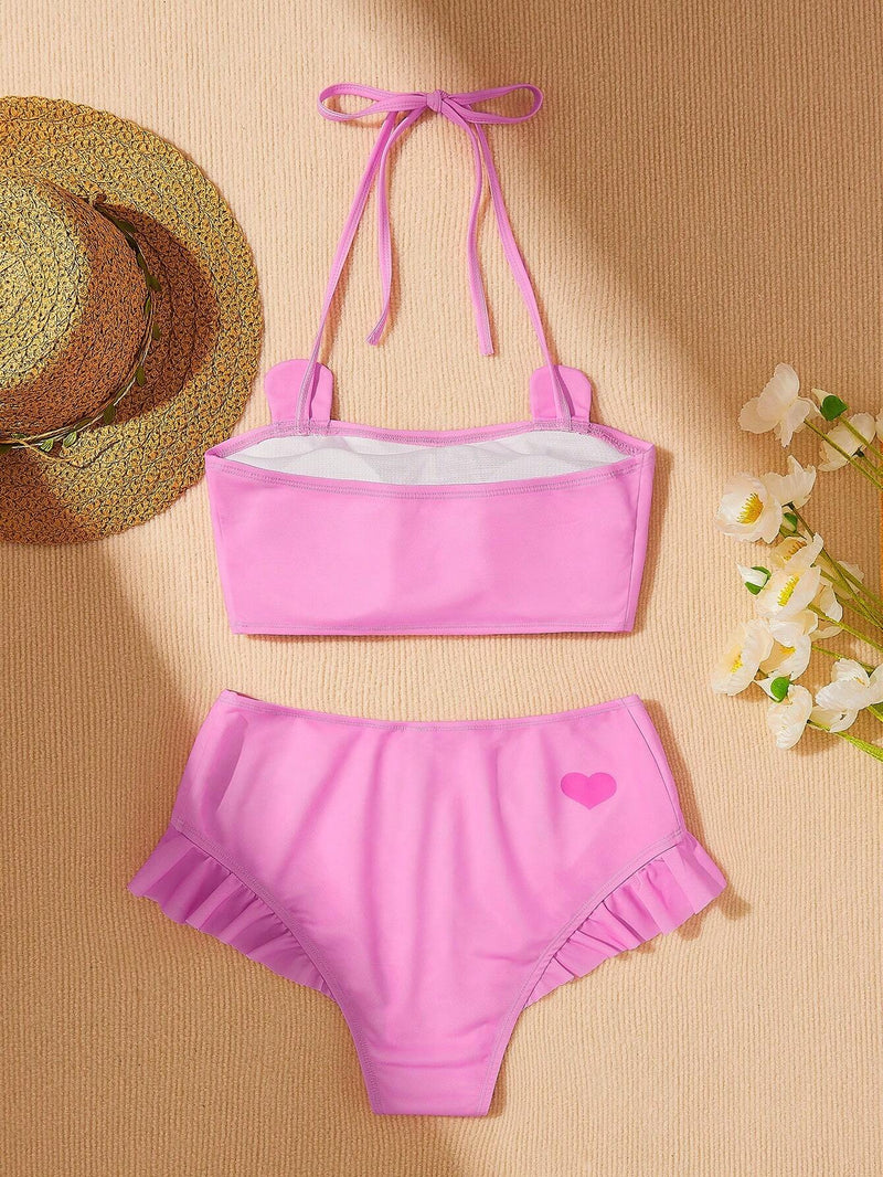 X Care Bears Ladies Knitted Cartoon Bear And Letter Print Neck Hanging Bikini Set