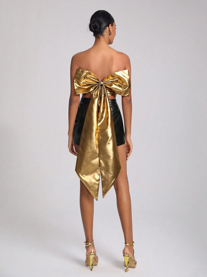 SHONTAY RACQUEL Gold Metallic Corset Top with Bow in the Back