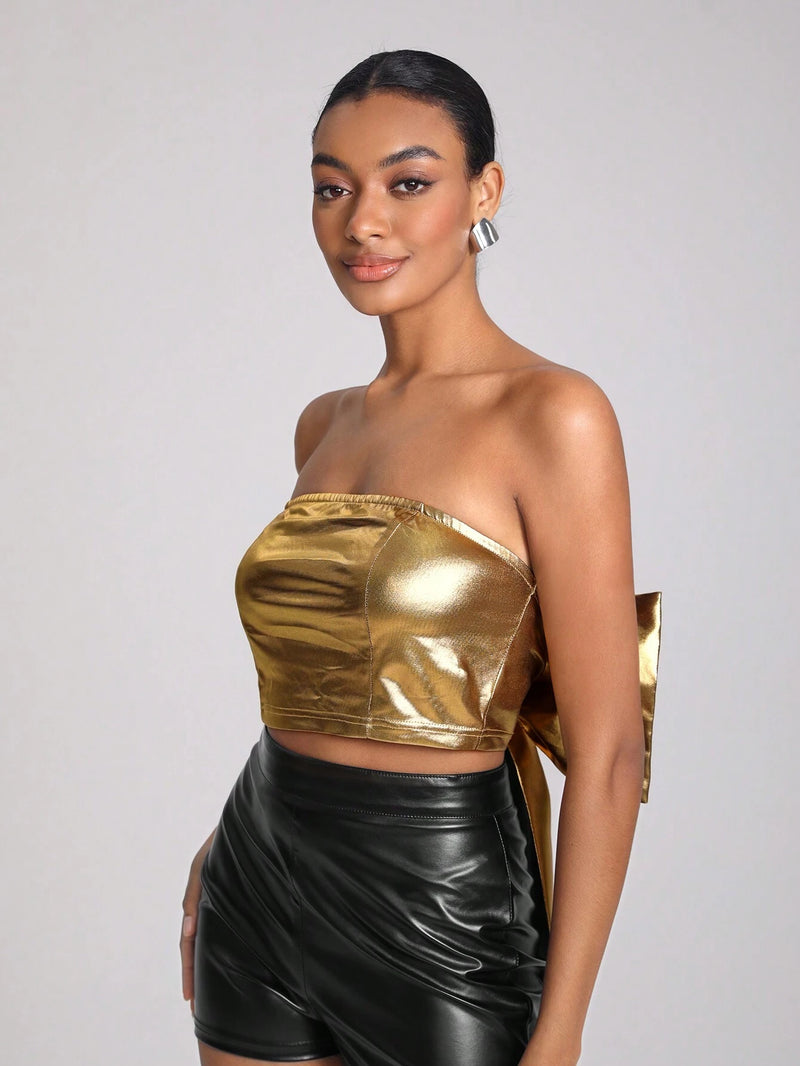 SHONTAY RACQUEL Gold Metallic Corset Top with Bow in the Back