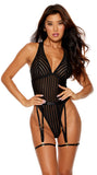 Sexy Black Striped Patterns Crossing Strap Back Design Bodysuit with Garter Belt