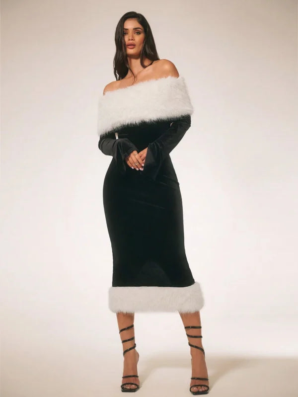 SURIMA Women’s Furry Patchwork Long Sleeve Off-Shoulder Casual Midi Dres