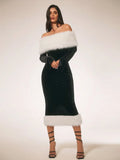 SURIMA Women’s Furry Patchwork Long Sleeve Off-Shoulder Casual Midi Dres