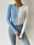 Two Tone Ribbed Knit Button Front Cardigan