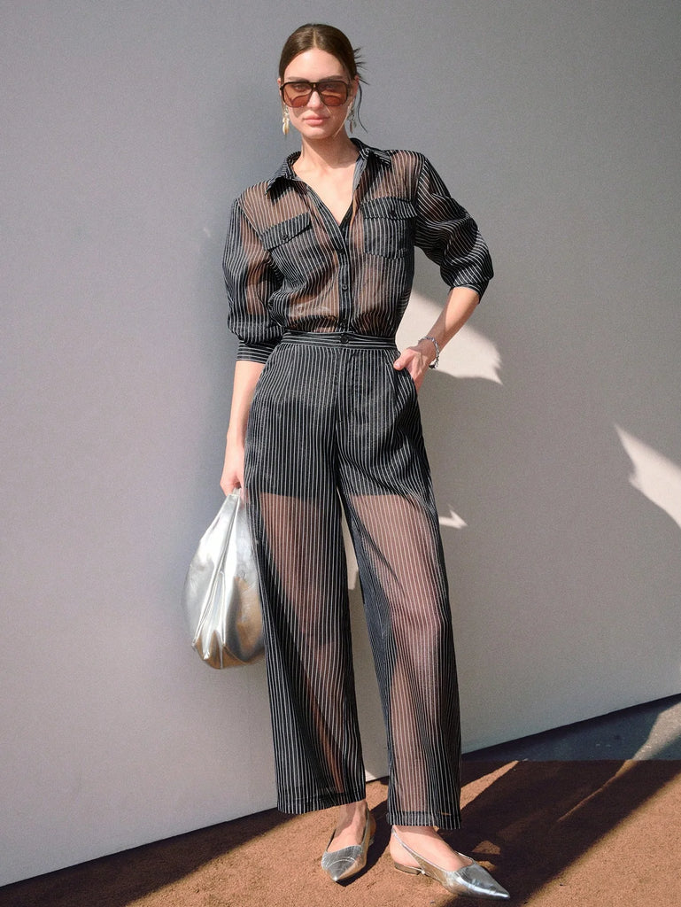 Sollinarry Women's Spring/Summer New Sheer Striped Pocket Decor Button Shirt And Wide Leg Pleated Pants 2 Pieces Set