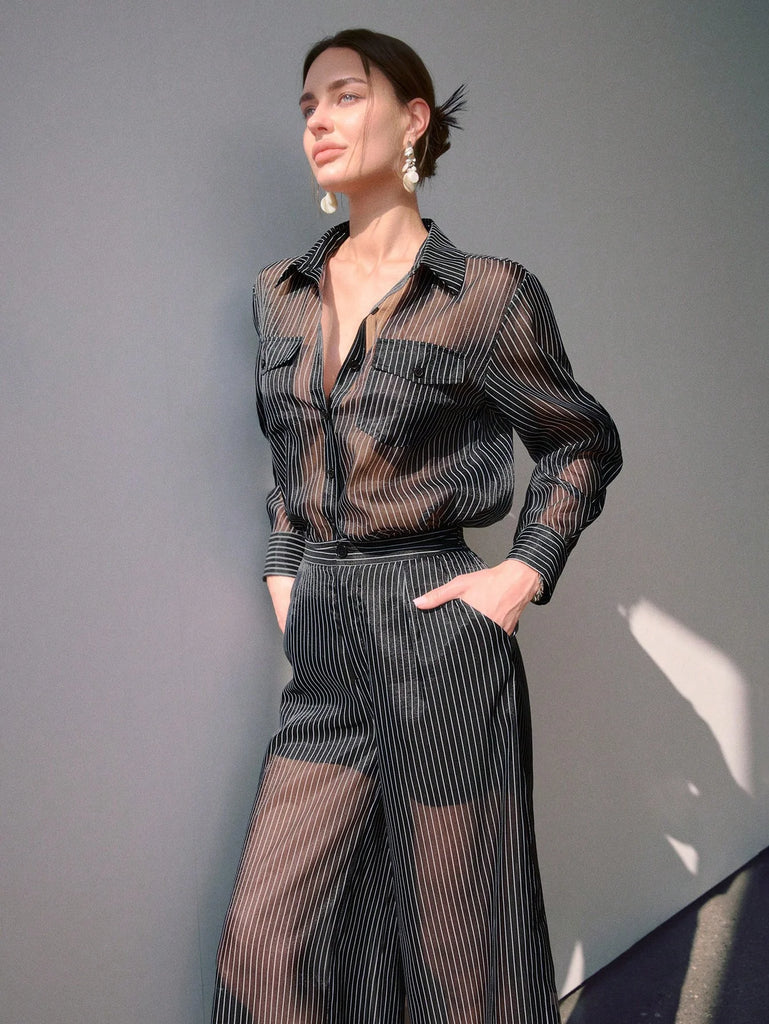 Sollinarry Women's Spring/Summer New Sheer Striped Pocket Decor Button Shirt And Wide Leg Pleated Pants 2 Pieces Set