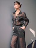 Sollinarry Women's Spring/Summer New Sheer Striped Pocket Decor Button Shirt And Wide Leg Pleated Pants 2 Pieces Set