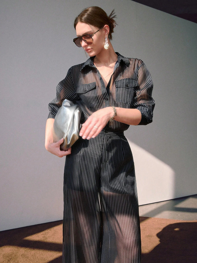 Sollinarry Women's Spring/Summer New Sheer Striped Pocket Decor Button Shirt And Wide Leg Pleated Pants 2 Pieces Set