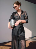 Sollinarry Women's Spring/Summer New Sheer Striped Pocket Decor Button Shirt And Wide Leg Pleated Pants 2 Pieces Set