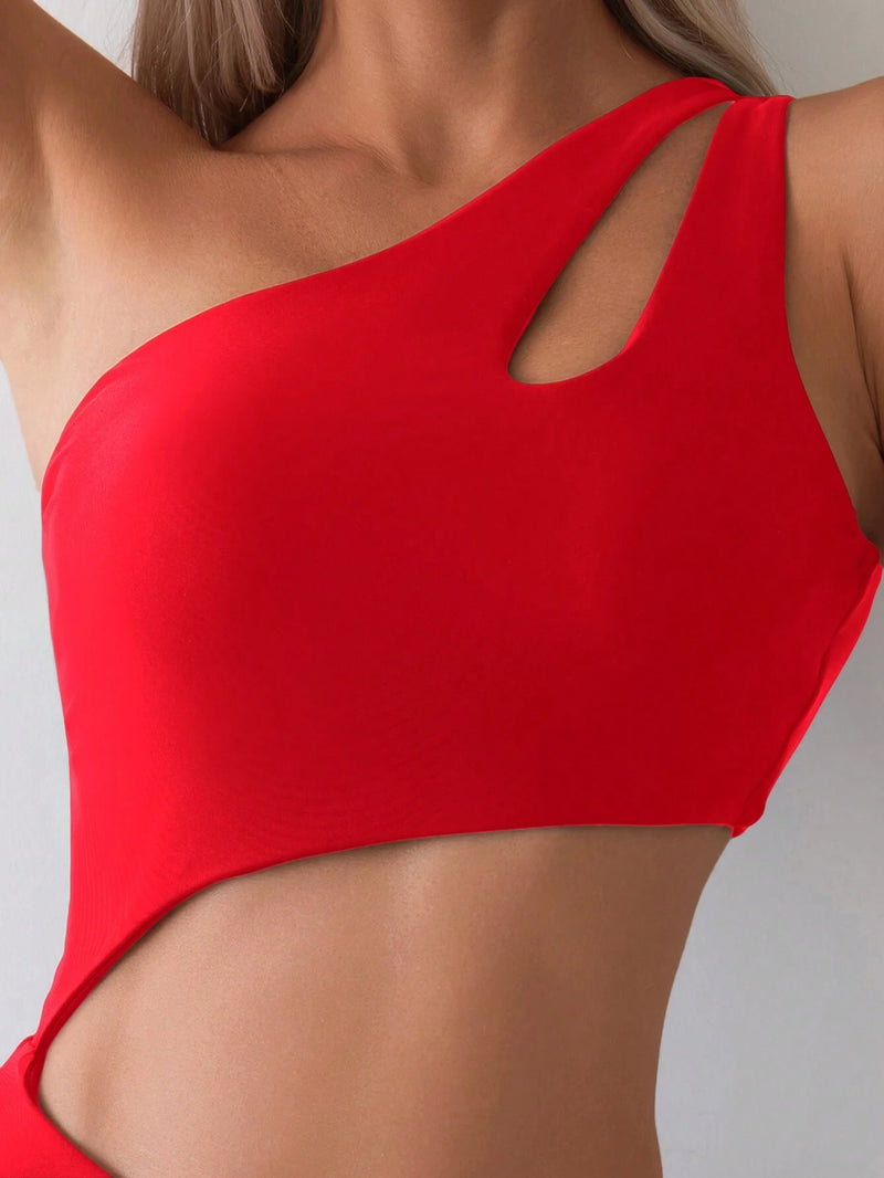 Swim Basics 1pc Women’s Solid Color Asymmetrical Neck Sleeveless