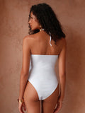 Swim Chiccia Crew Neck, Halter Style, White Hollow Out Metal Beaded